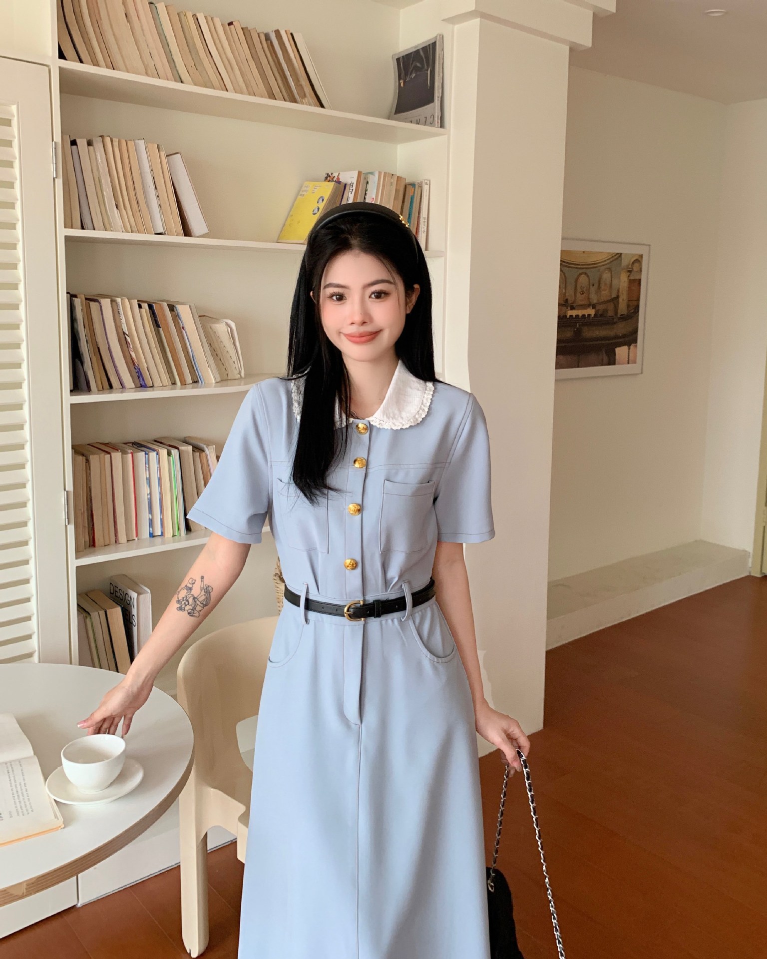 大码女装胖mm百搭娃娃领连衣裙2023夏季新款休闲收腰韩版高级裙子详情24