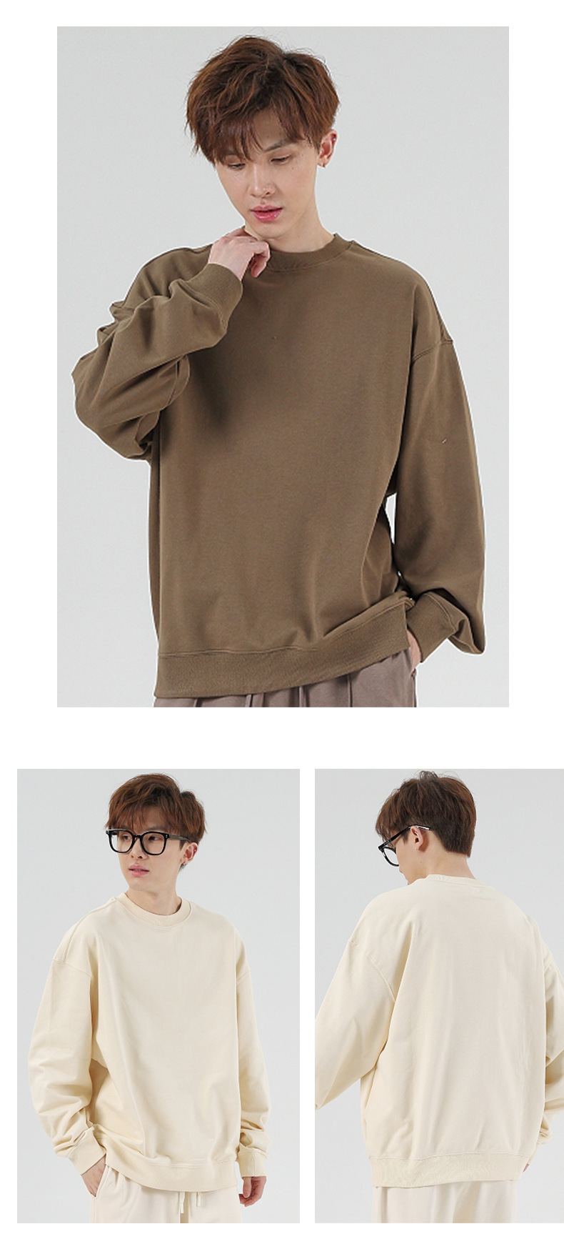 330克新款落肩卫衣纯棉宽松长袖套头圆领卫衣纯色男女定印制logo详情7