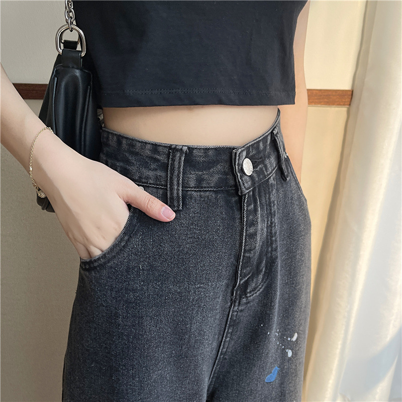 The new Korean style high-waisted straight-leg loose, slimming, wide-leg black floor-length jeans for women in spring and summer are trendy pic 14