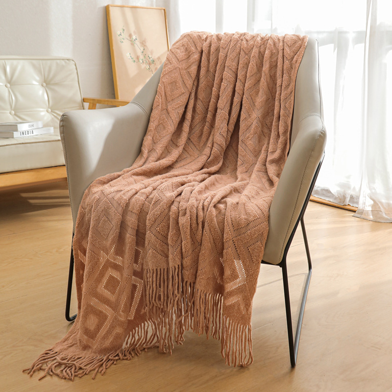 Ins-style soft solid-color acrylic warp knitted jacquard checkered blanket sample room homestay decoration camping blanket pic 10