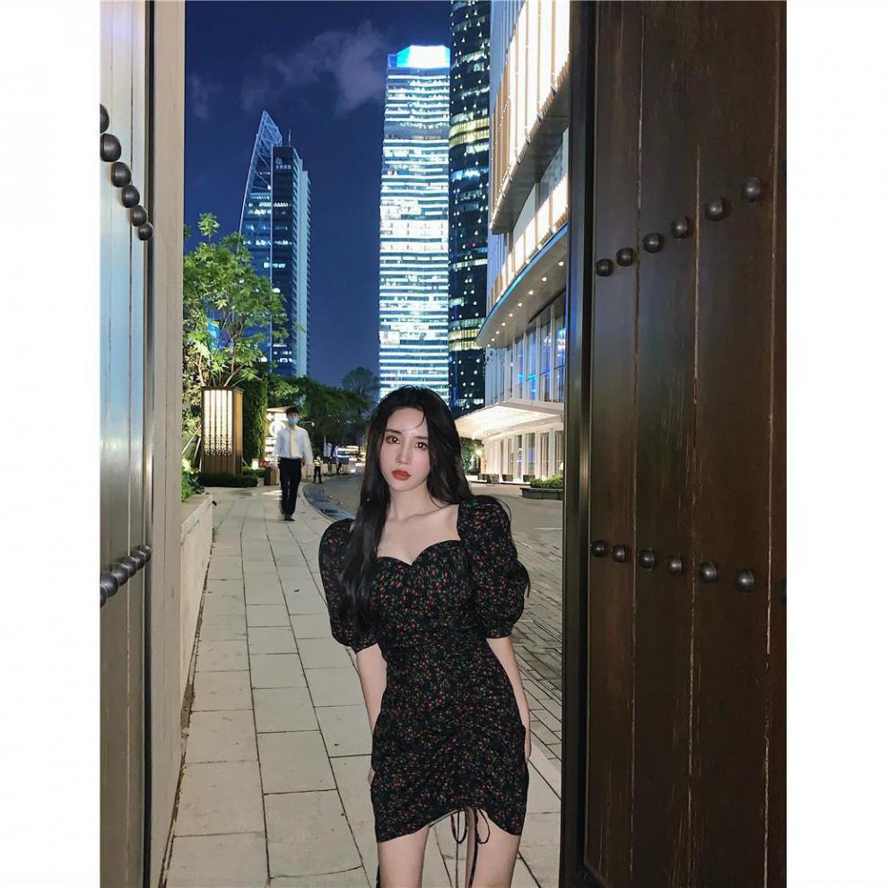 连衣裙御姐轻熟风女夏季泡泡袖碎花裙方领包臀裙设计感小众裙子潮详情5