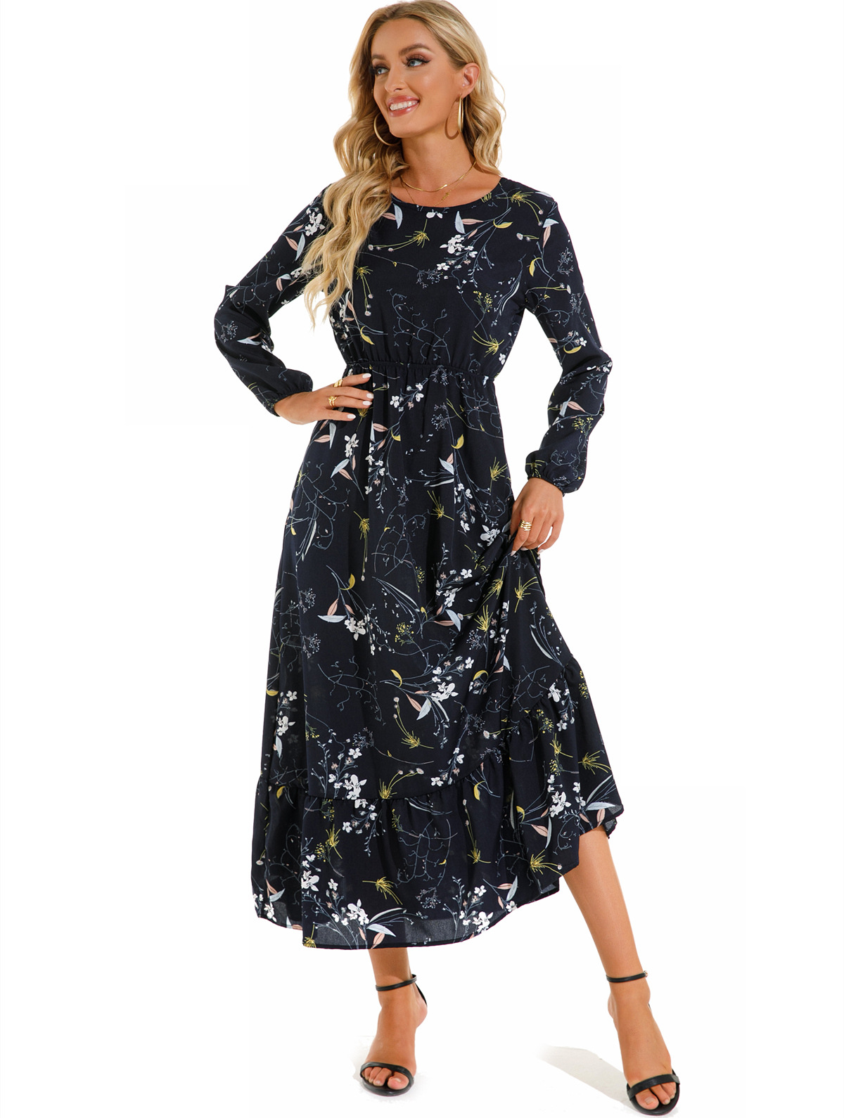 European and American floral long, round-neck, long-sleeved, waist-cinching and slimming dress pic 31