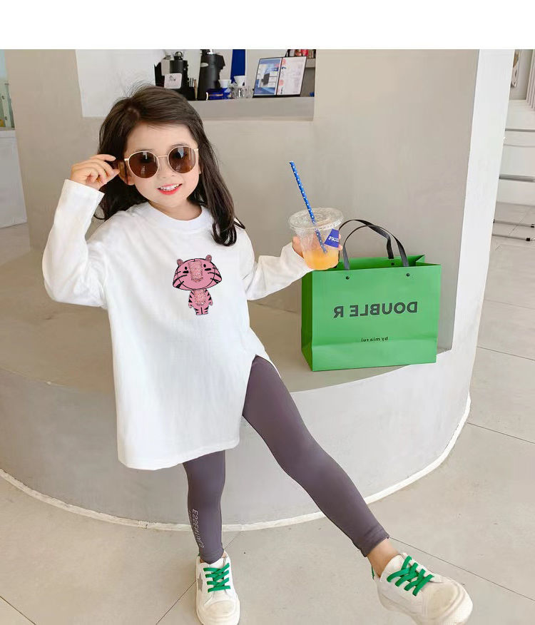 女童中长款开叉T恤2024秋季新款韩系女孩个性不规则长袖卡通上衣详情5