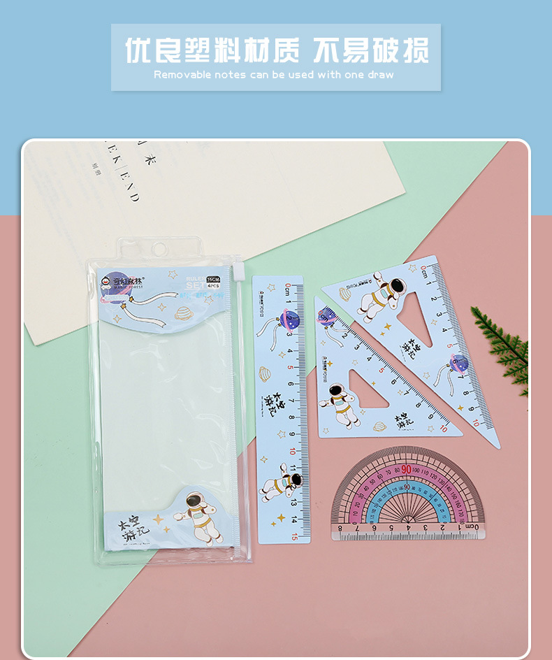 Factory direct sales of new student ruler sets, including straight rulers, set squares, transparent protractors and cartoon ruler sets of 4 pieces pic 5