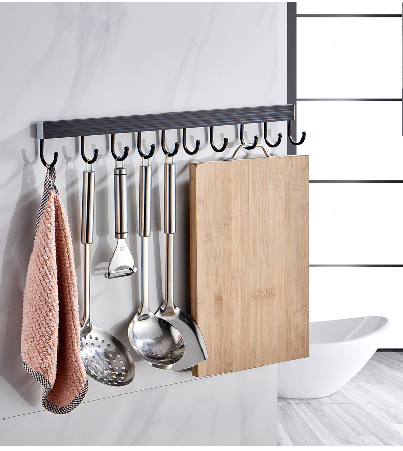 免打孔挂钩墙壁厨房黑色太空铝多功能创意毛巾挂架浴室排钩挂衣钩详情1