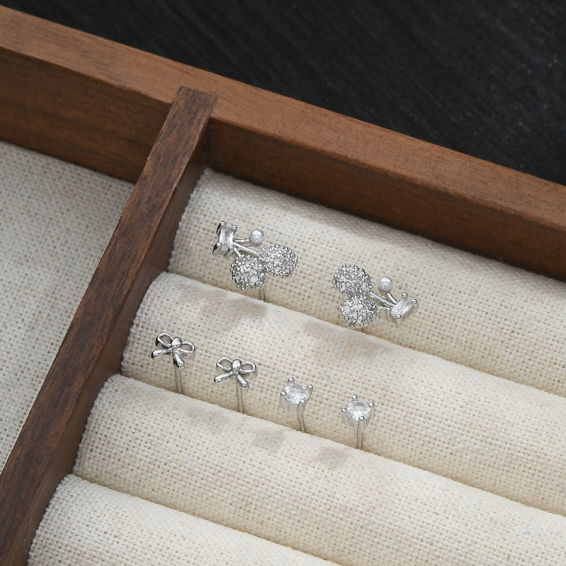 S925银针一卡三对套装耳钉女睡觉不用摘樱桃蝴蝶结耳饰品学生耳坠详情9