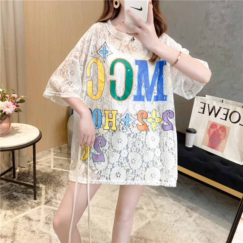 A real photo of a fresh and semi-transparent flower-patterned short-sleeved T-shirt for women in 2022 summer. A very ethereal Korean-style base layer pic 10