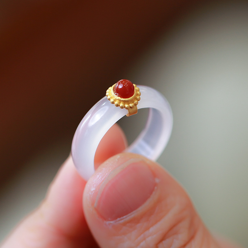 A natural white agate ring with chalcedony, set with S925 silver and inlaid with red agate from the south, is a retro Chinese style jewelry pic 3