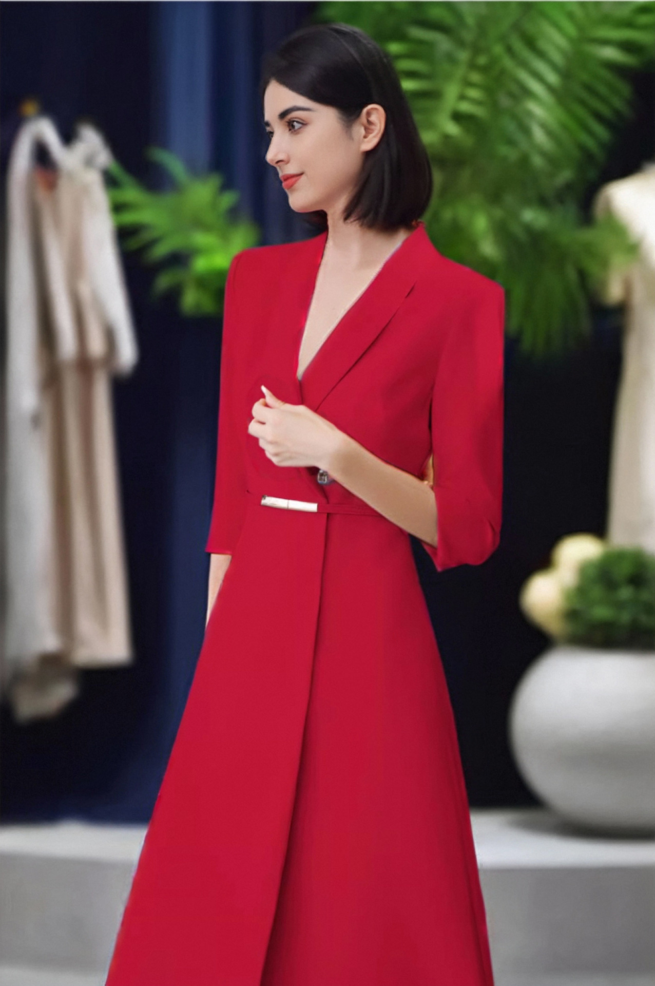 职业装春秋连衣裙女正式场合绿色西装裙气质时尚主持人中长a字裙详情3