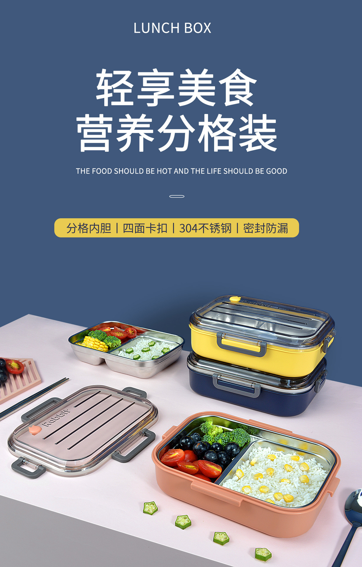 304不锈钢创意四扣密封防漏便携饭盒 学生午餐盒上班族带饭便当盒详情1