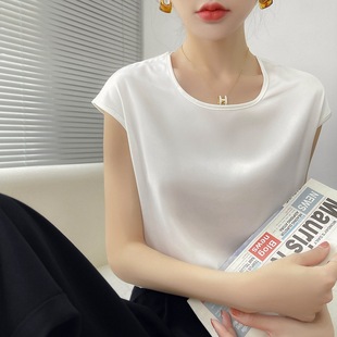 夏季女装上衣新款短袖女式冰丝针织T恤女V领t恤拼色宽松一件代发详情10