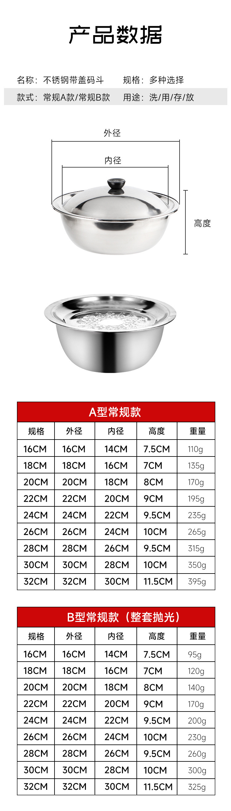 Cross-border thickened stainless steel covered basin, household and hotel salad seasoning bowl, soup bowl, multi-purpose gift wholesale, hand-washing bowl pic 5