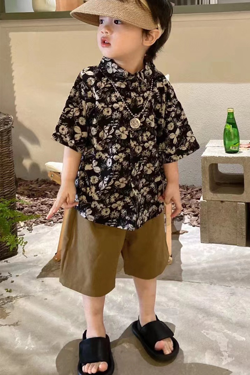 儿童夏装套装男童夏季新款童装女宝复古港风碎花短袖衬衫两件套潮详情11