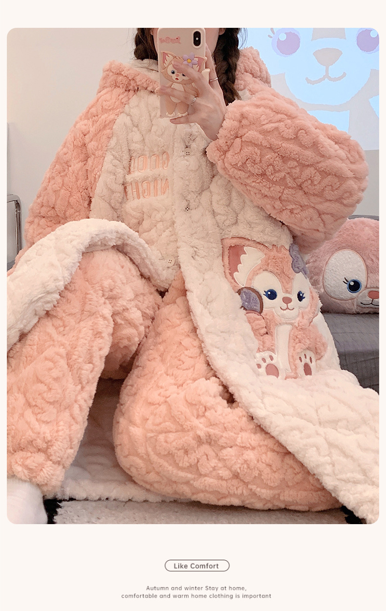 睡衣女士冬季三层加厚超厚夹棉珊瑚绒加绒法兰绒家居服秋冬款冬天详情12