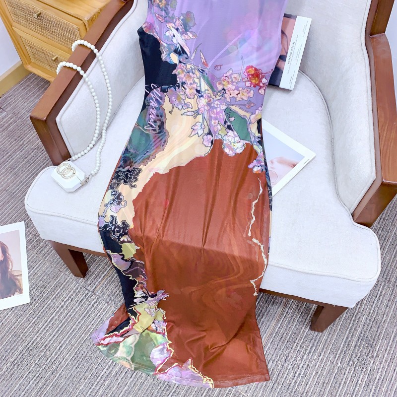 现货OfAki新中式前后两穿撞色旗袍连衣裙女印花鱼尾背心裙详情27