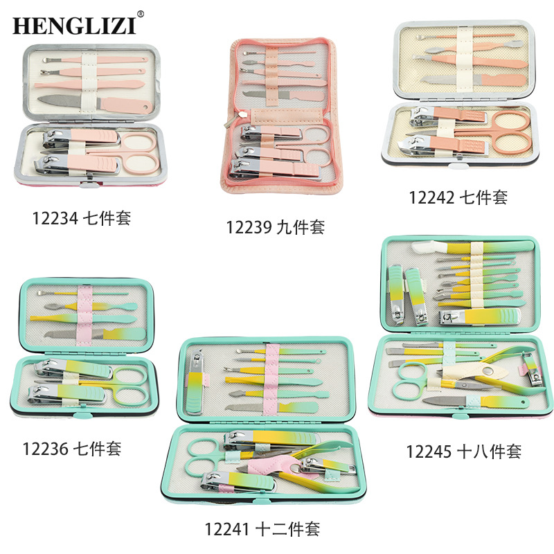 Cross-border nail trimming tool box, checkered set, nail clippers 10-piece set, eyebrow clippers, ear spoons, stainless steel nail set pic 1