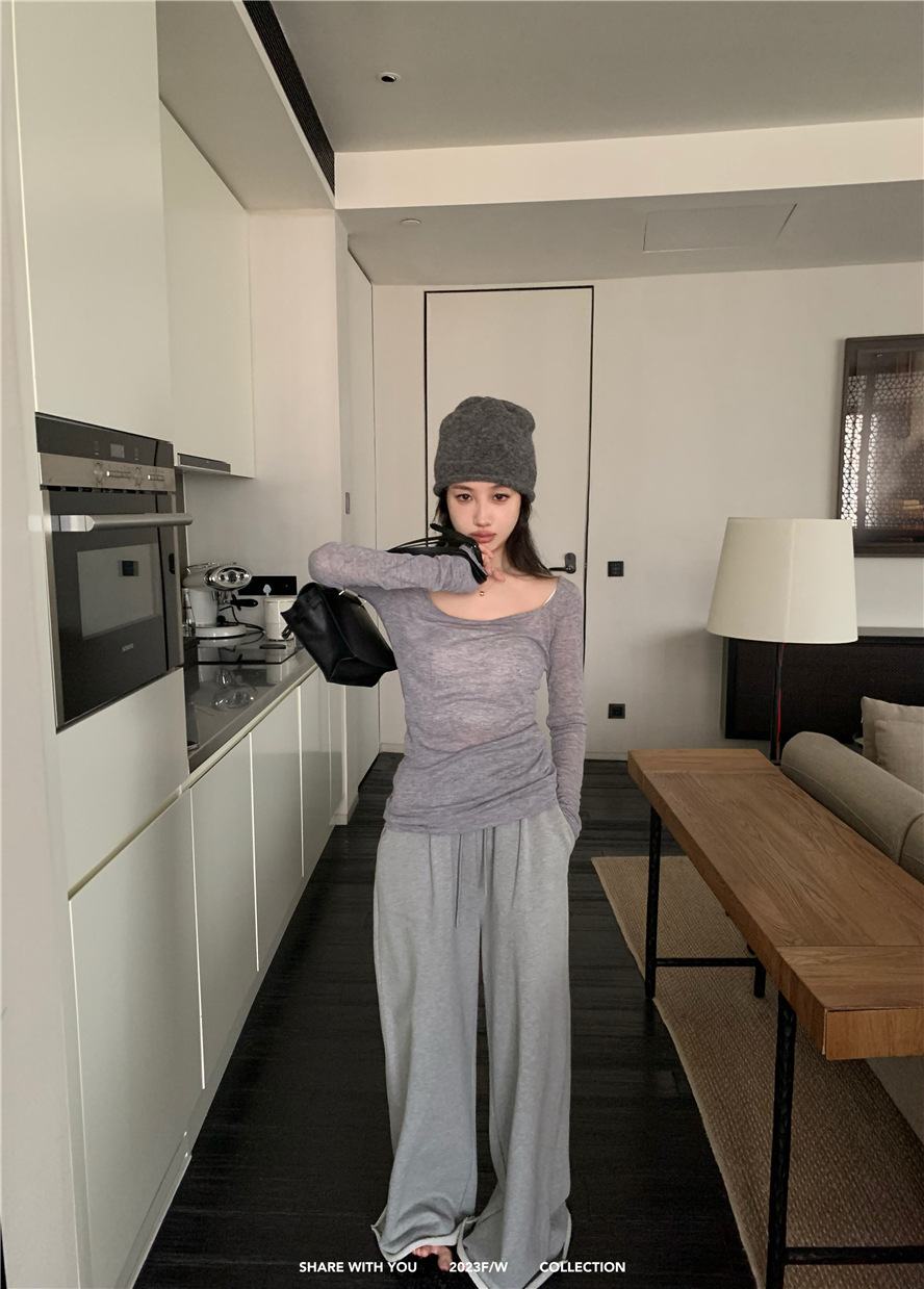 基础款纯色简约百搭舒适慵懒风薄款上衣U领打底衫内搭长袖t恤女详情14