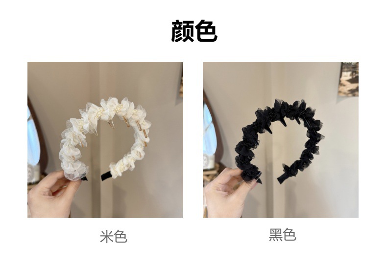 Sweet mesh pleated hairband, elegant inverted anti-slip headband, pearl embellished hair tie, stylish headwear wholesale pic 13
