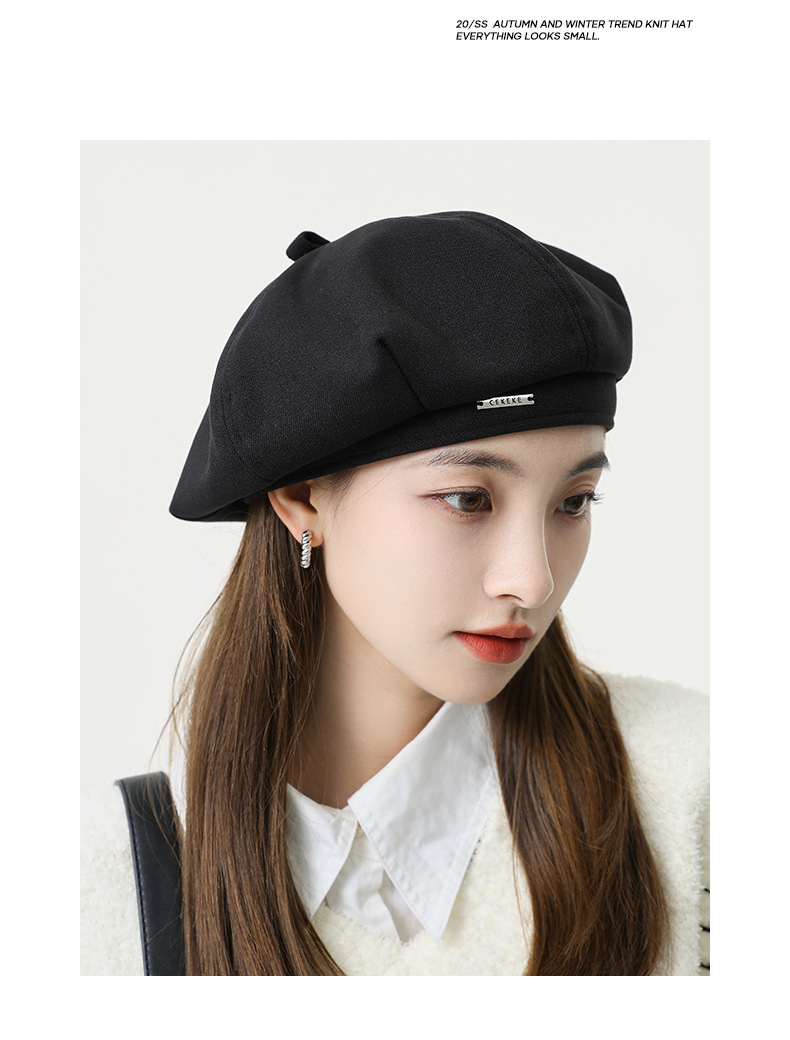 韩版秋冬毛呢金属标贝雷帽子女八角帽大头围显脸小时尚文艺画家帽详情7