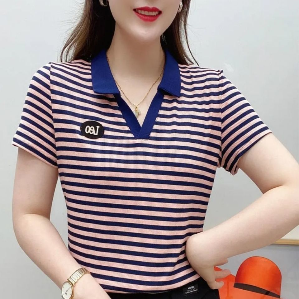Verano manga corta cuello de solapa top moda 2022 mom wear holgado casual deportivo versátil talla grande camiseta mujer pic 3