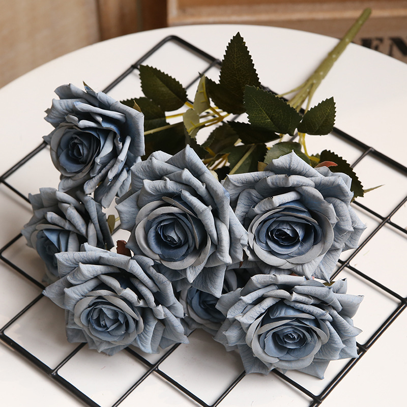 7头高档涂层把束玫瑰多色可选家居外贸婚庆装饰仿真花假花装饰品详情14