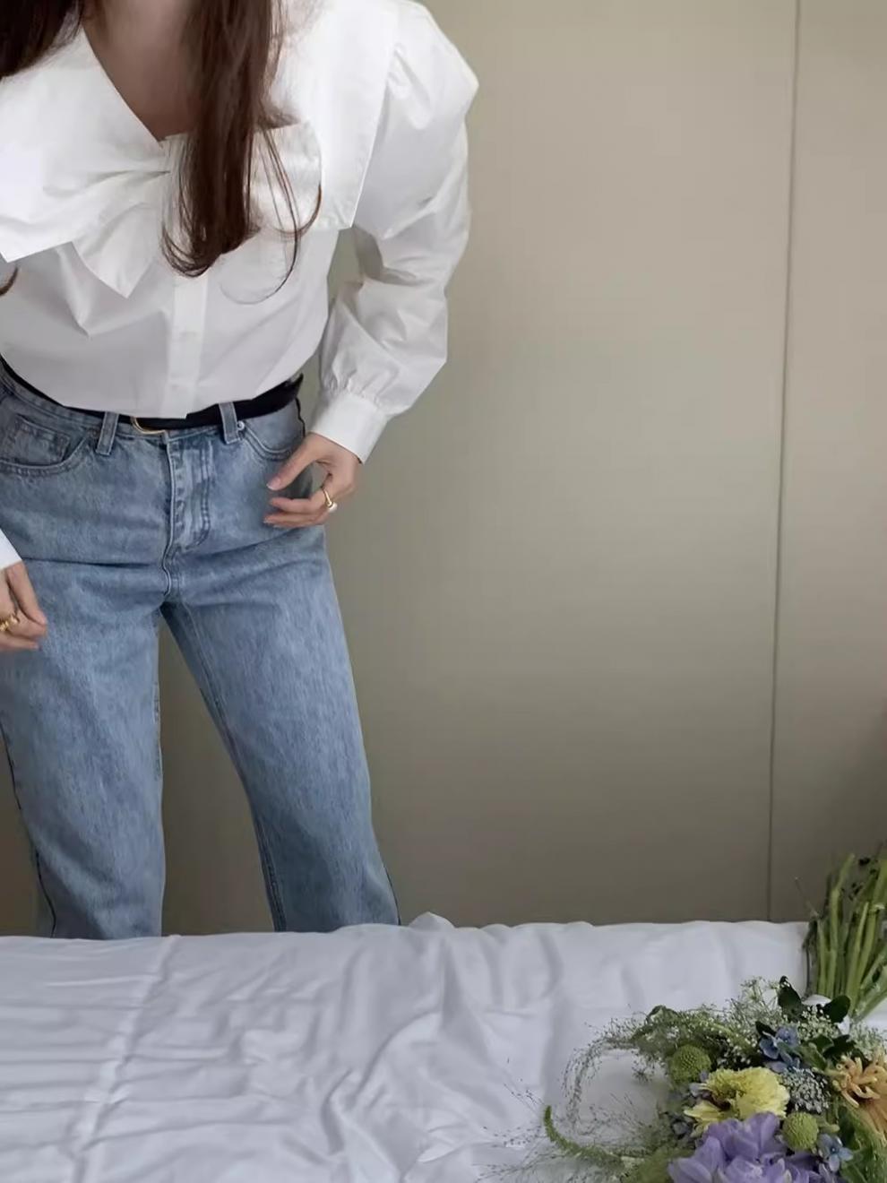 韩系设计感小众蝴蝶结娃娃领白色衬衫女2024春秋新款内搭别致上衣详情4