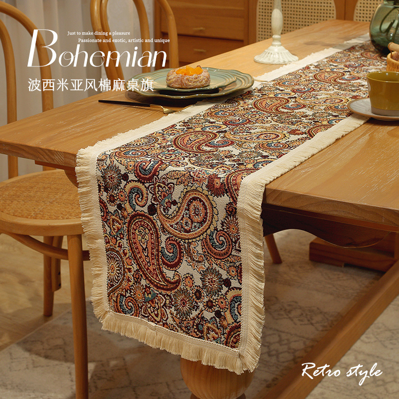 Cool Happiness American retro style, fashionable, simple, elegant and high-end, long tablecloth, colored jacquard, high-end, tassel, home coffee table, tea flag, high-end chest of drawers, table flag pic 2