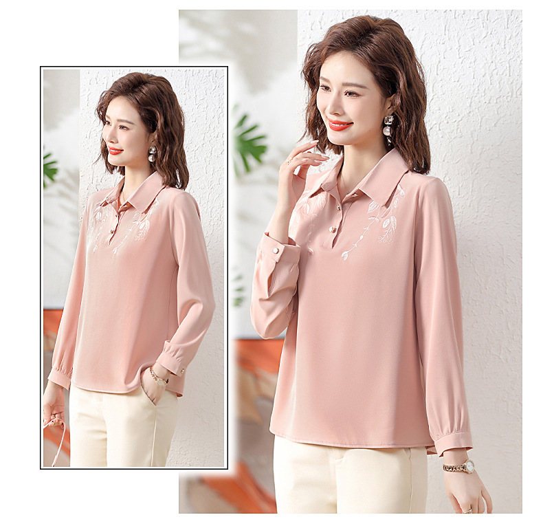 中年女士打底小衫秋季款t恤长袖翻领刺绣纯色气质大码妈妈装衬衫详情18