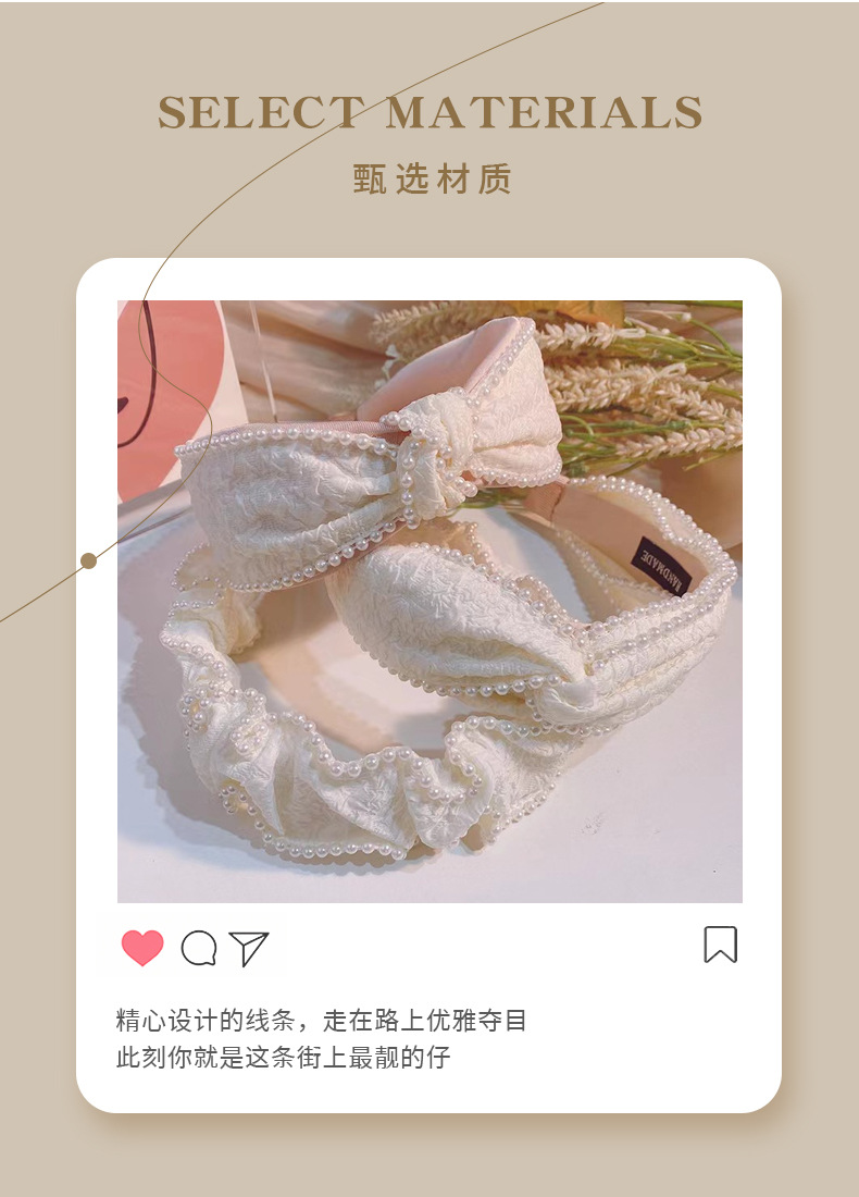 French retro court-style milk white pearl hair band with elegant charm, bow hairpin, high top head band and hair accessory pic 3