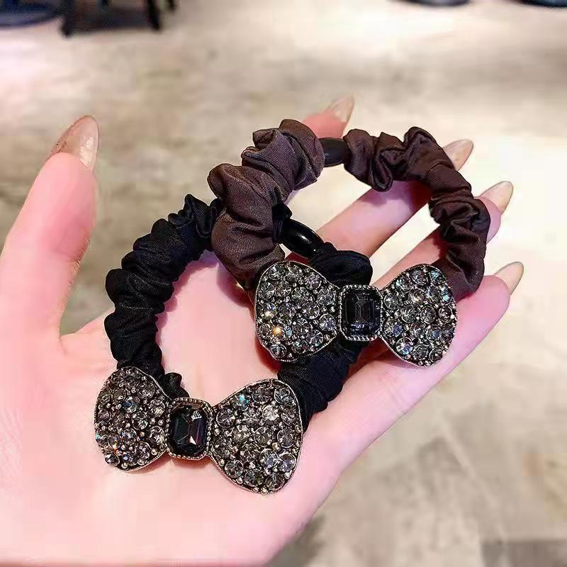 Light luxury water diamond bow hair tie headband, Korean-style fabric small intestine loop, simple chanel-style leather band hair accessory pic 1