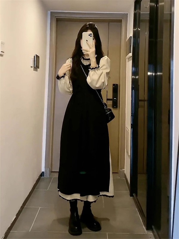 法式温柔气质黑色长袖连衣裙子女春季2024新款高级感拼接显瘦长裙详情6