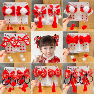 新年款红色古风流苏发夹儿童汉服发卡头饰女童复古蝴蝶结发夹发饰详情2