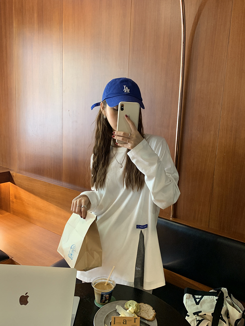 黄峥简约贴标开叉长袖T恤女2022春韩版宽松休闲设计感上衣T85396详情16