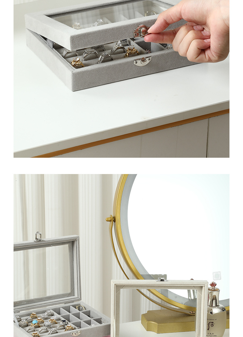 Exquisite grey jewelry storage box, velvet jewelry box, home jewelry, watch, earrings and ring packaging box pic 23