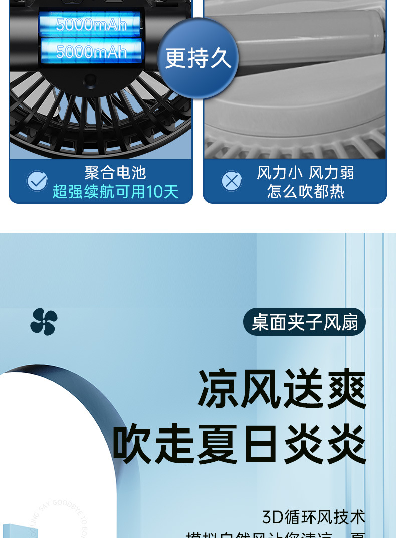 K6新款夹子风扇迷你静音便携式宿舍婴儿车USB双电长续航桌面风扇详情10