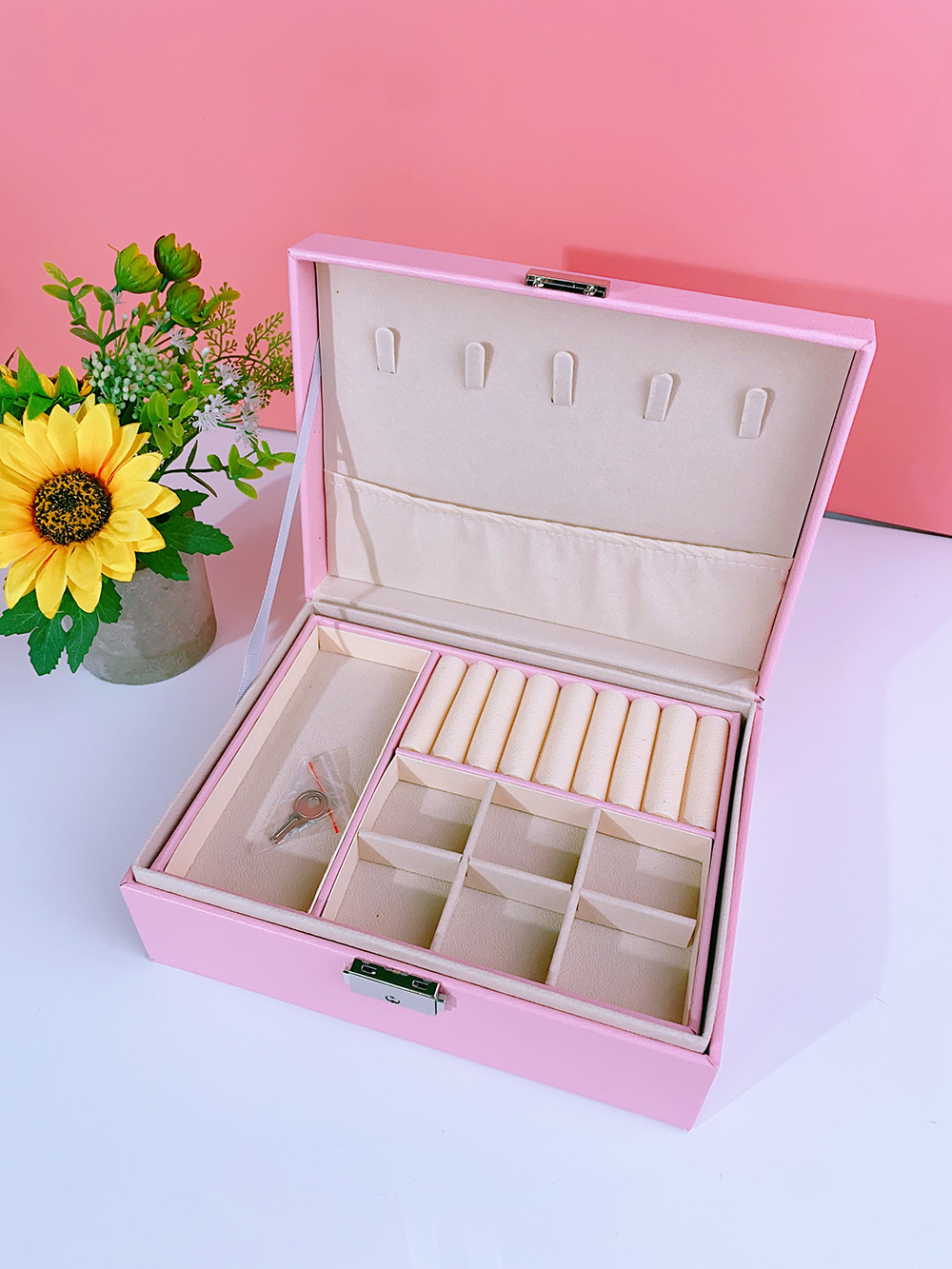 瑾奇2023首饰盒带锁双层大容量皮革珠宝饰品戒指项链耳环耳钉收纳盒子 粉色儿童收纳系列 JQ009详情5