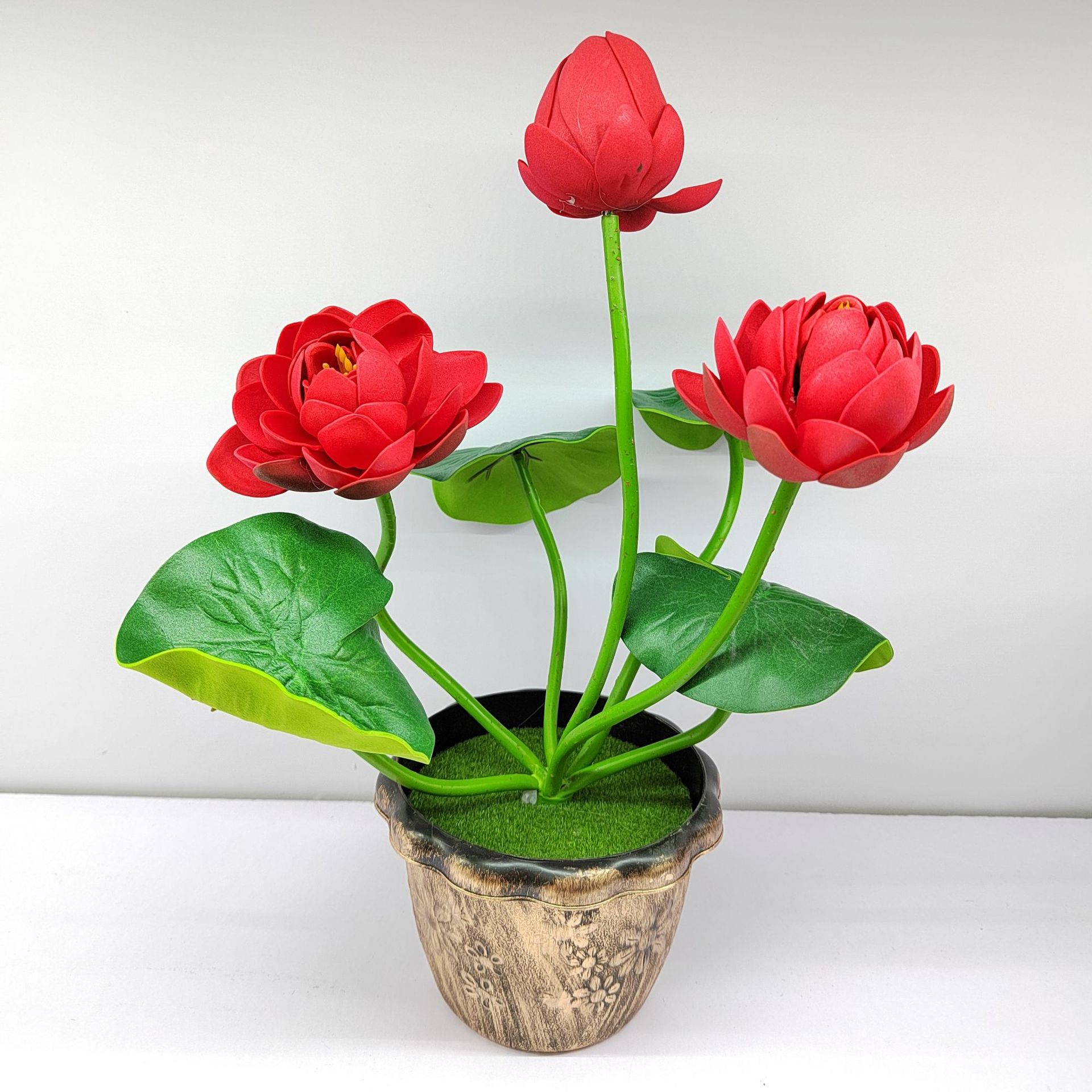 Simulated copper pot lotus indoor decoration ornamental bonsai, PU material simulated green plant ornaments, photography props pic 6