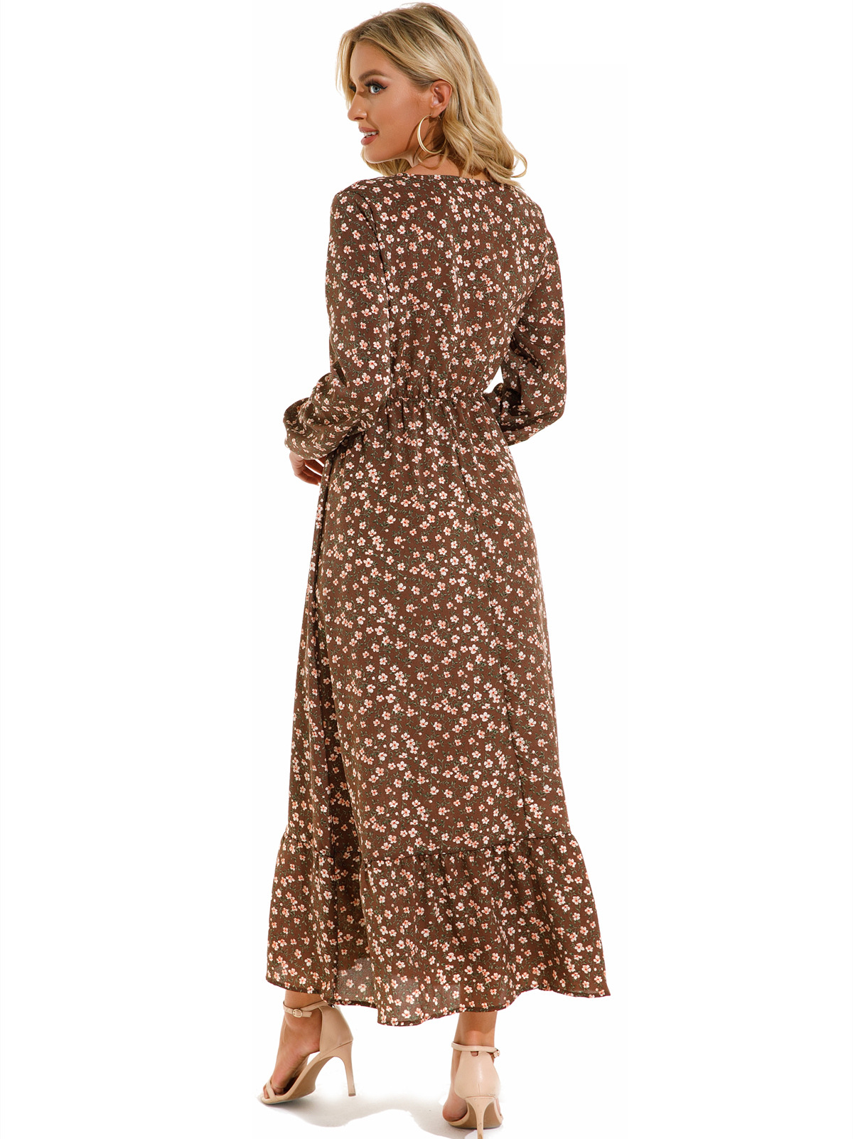 European and American floral long, round-neck, long-sleeved, waist-cinching and slimming dress pic 39