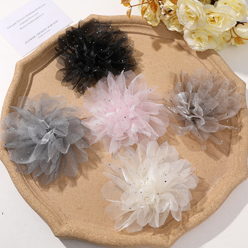 国潮系列仙女氛围感烫钻点点网纱花朵diy手作发夹女发饰衣服辅料批发详情1