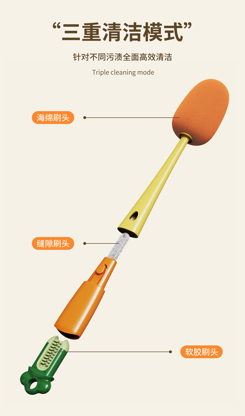 杯刷三合一胡萝卜长柄家用多功能洗杯刷清洁海绵瓶刷清洁刷批发详情15