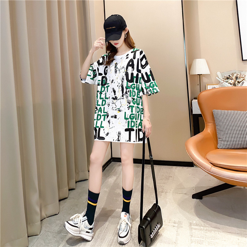 Mid-length short-sleeved T-shirt for women, 2021 new summer Instagram trendy Korean style loose large-sized student graffiti top pic 5