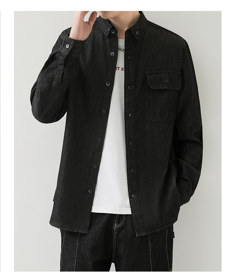 男装薄款牛仔长袖衬衫男2023春秋韩版潮流休闲纯色工装衬衣外套男详情26