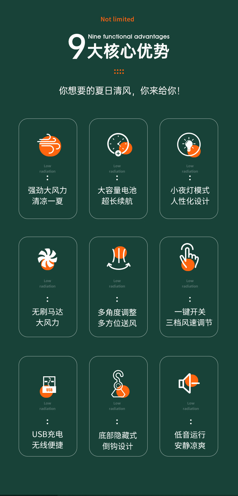厂家USB充电夜灯小风扇家用宿舍便携式迷你桌面3档小型电风扇代发详情4