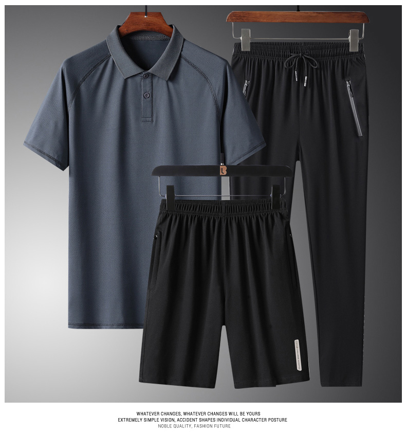 夏季冰丝短袖t恤男速干三件套装中老年薄款中年爸爸休闲运动套装详情11