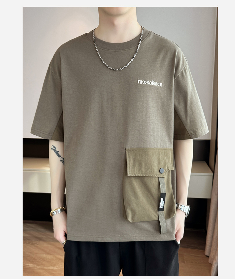 2024 Summer new short-sleeved T-shirt, thin, simple pocket, round neck, fashionable and trendy brand clothing, cool loose top pic 21