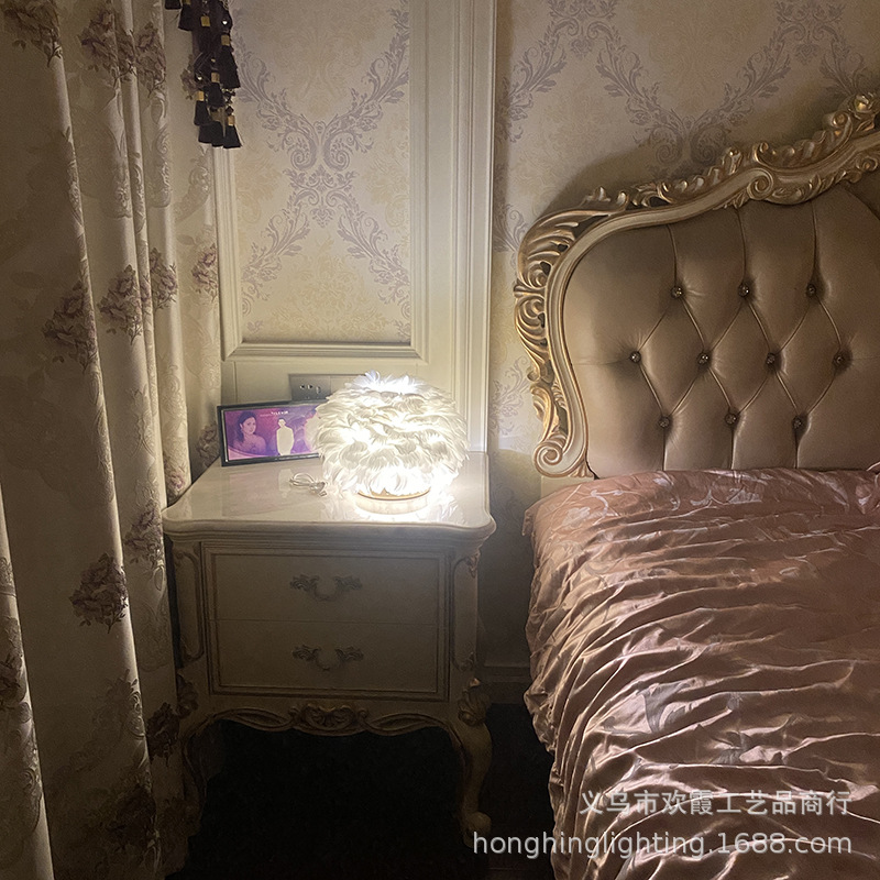 USB charging feather table lamp for bedroom, simple, modern and creative Nordic style, warm and romantic wedding bedside lamp pic 17