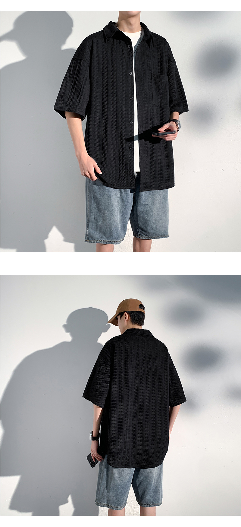 短袖衬衫男款夏季潮牌小众肌理感宽松痞帅高级感冷淡半袖衬衣外套详情8