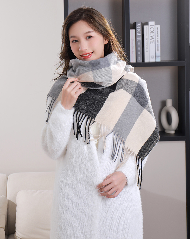 外贸韩版大直条格子围巾秋冬季新款学生百搭仿羊绒流苏围脖女披肩详情22