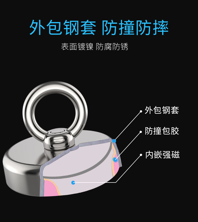 强力打捞磁铁 强磁吸铁石吊环 钕铁硼吸盘挂钩  强力磁铁打捞器详情3