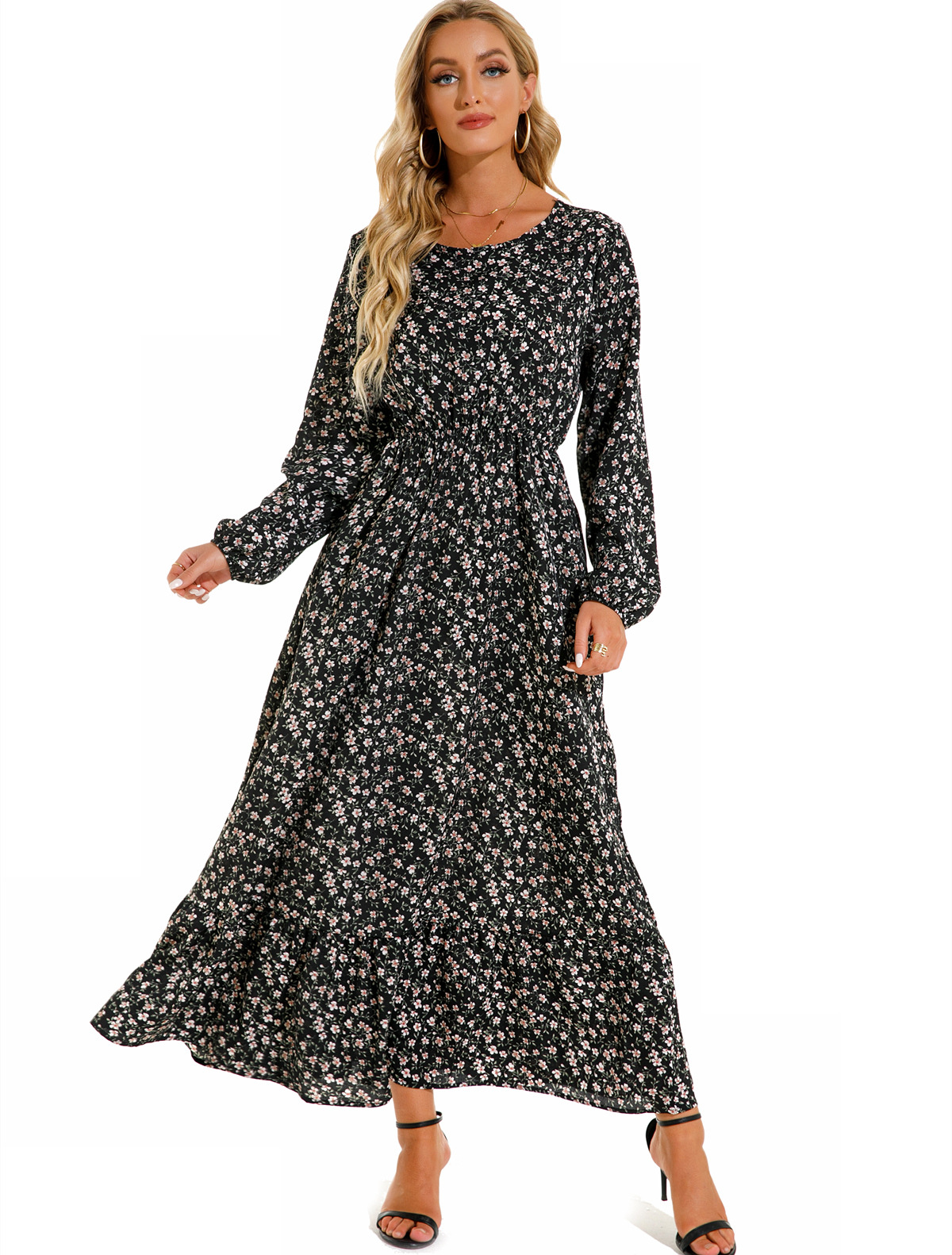 European and American floral long, round-neck, long-sleeved, waist-cinching and slimming dress pic 48